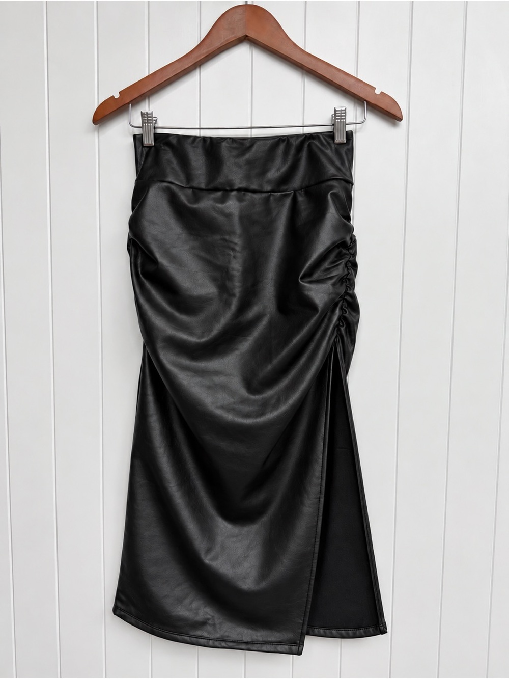 High Waisted Tummy Control Ruched 2-in-1 Fleece PU Midi Skirt Small NWOT